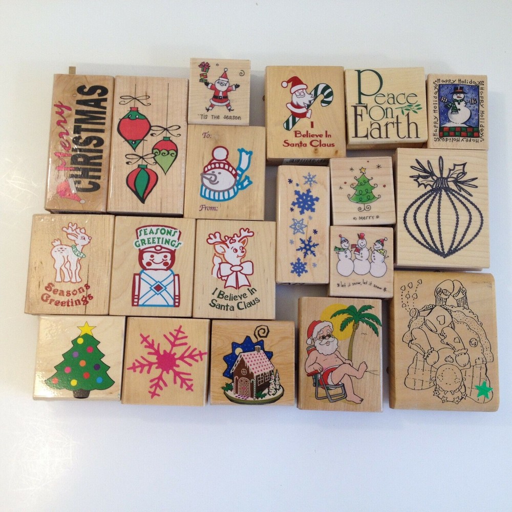Lot of 19 Christmas & Holiday Wood Mounted Rubber Stamps Assorted